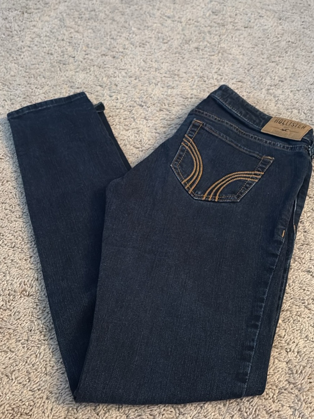 Hollister Women's Dark Indigo Skinny Jeans with Tan Stitching